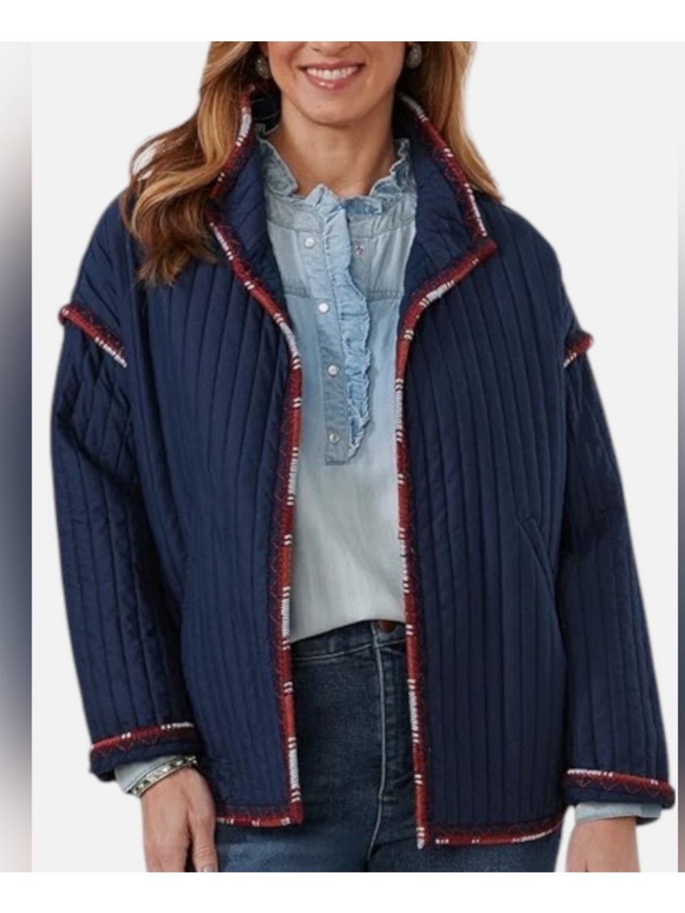 Democracy Navy Quilted Jacket with Red Trim